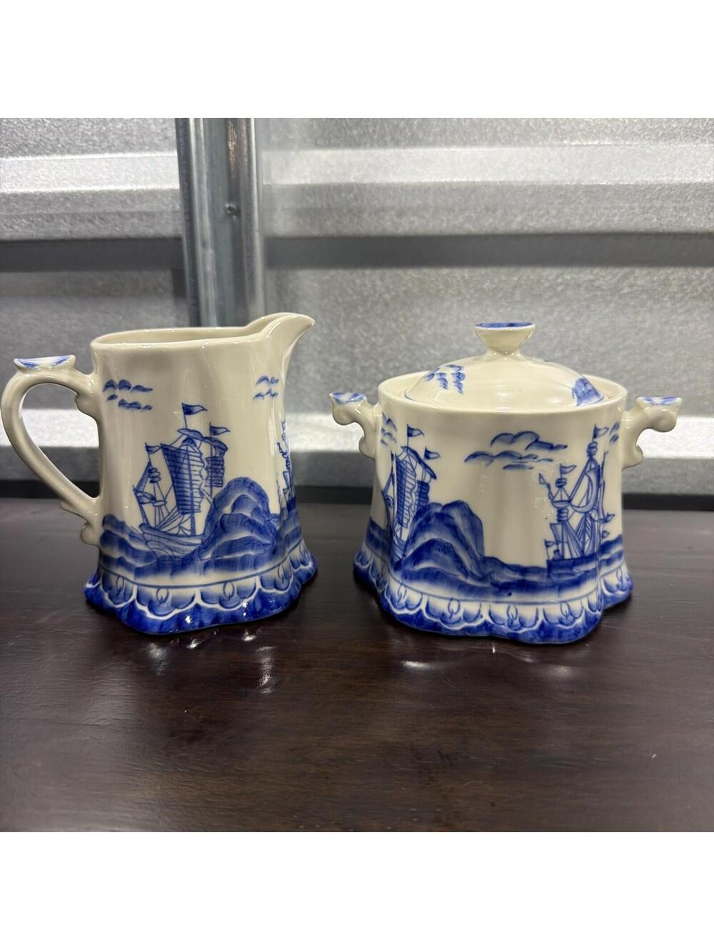 Vintage set of 2Andrea By Sadek Blue And White Ship Sea Cream And Sugar *
